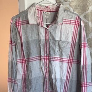 STYLUS LONG SLEEVE BUTTON DOWN PLAID SHIRT WOMENS SIZE XL PINK GRY WHTE